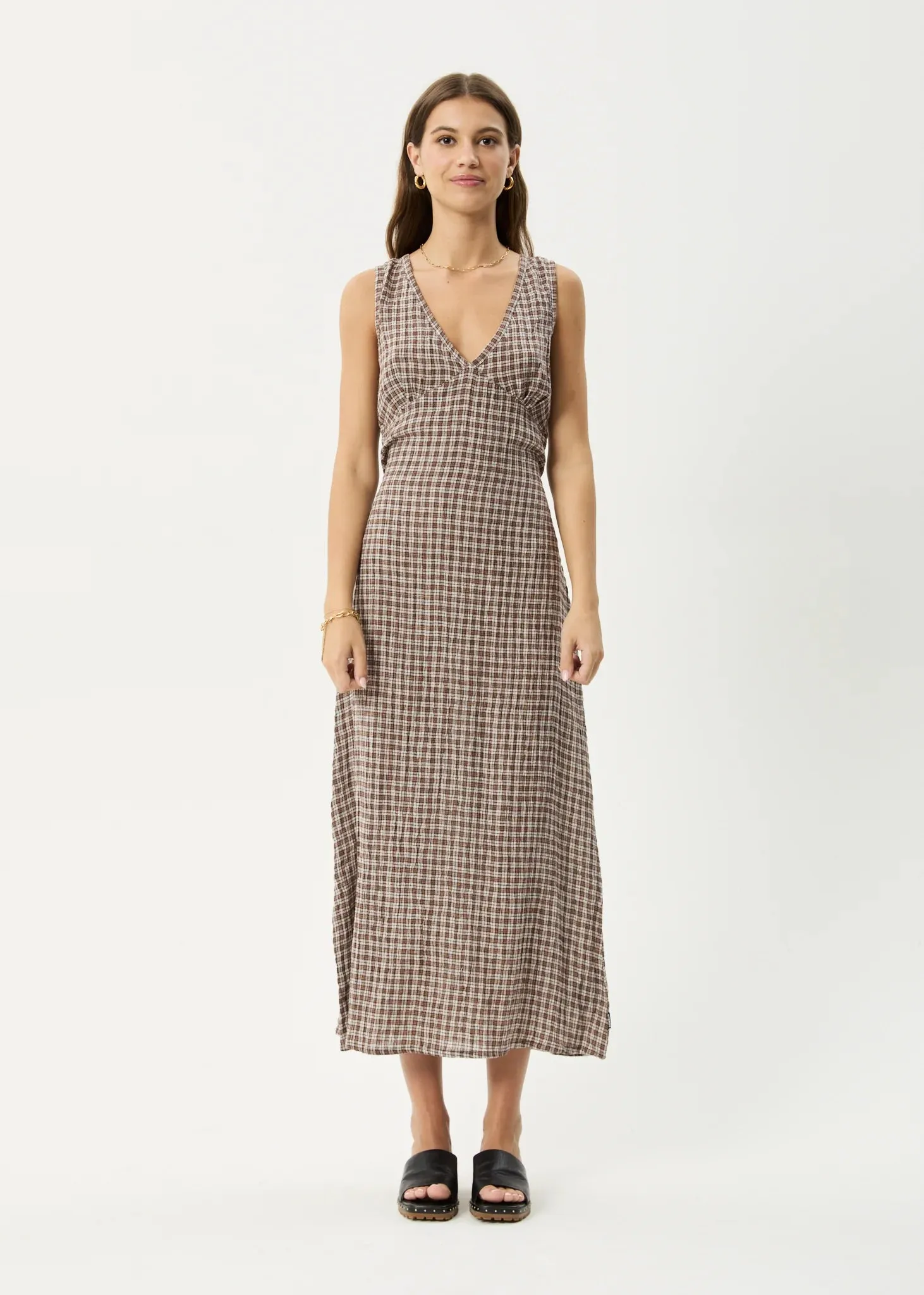 AFENDS Womens Base - Seersucker Check Maxi Dress - Coffee Check