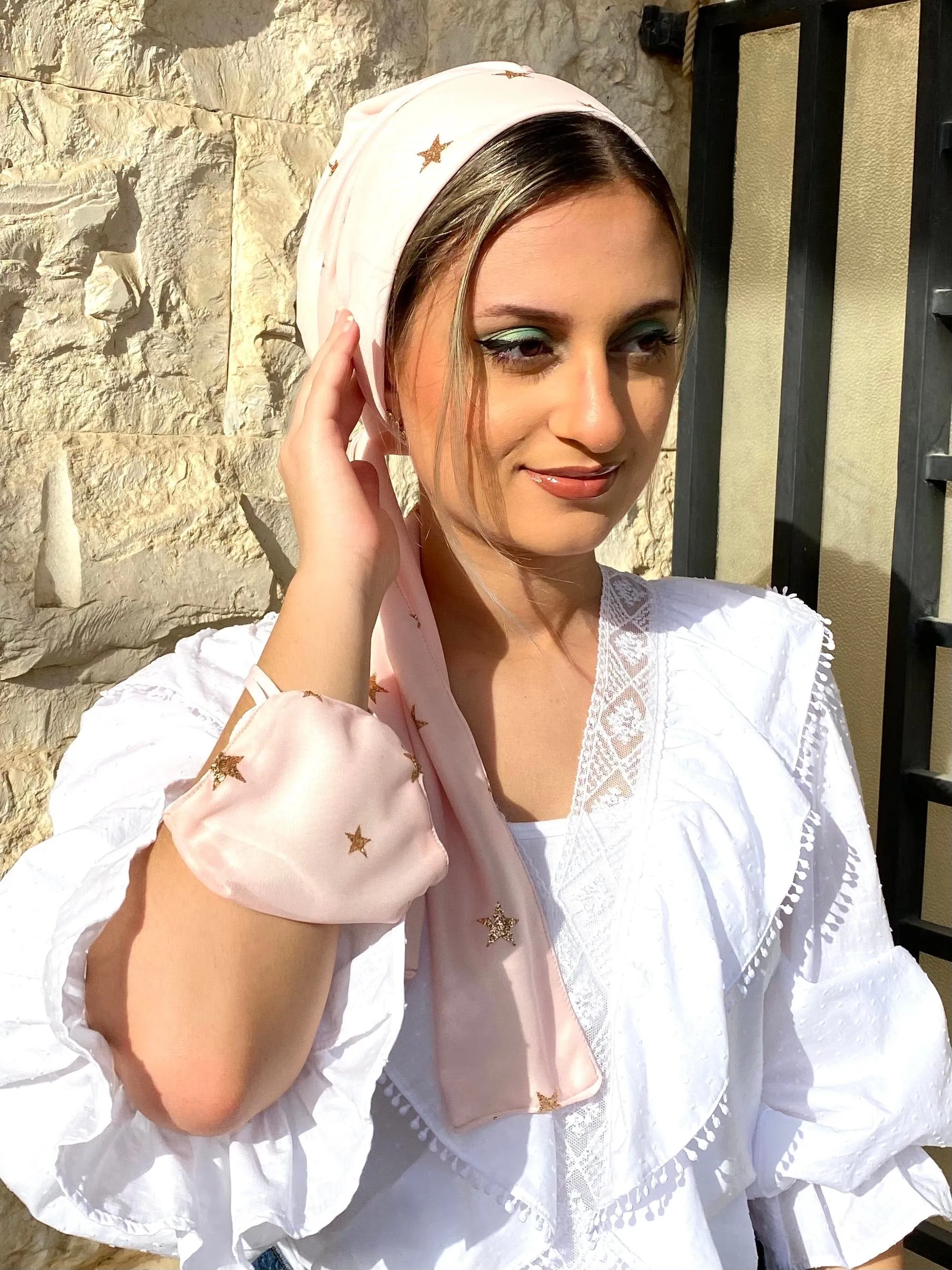 Beanie Wrap Shimmery - Pink Chiffon with (Designer Mask Included)