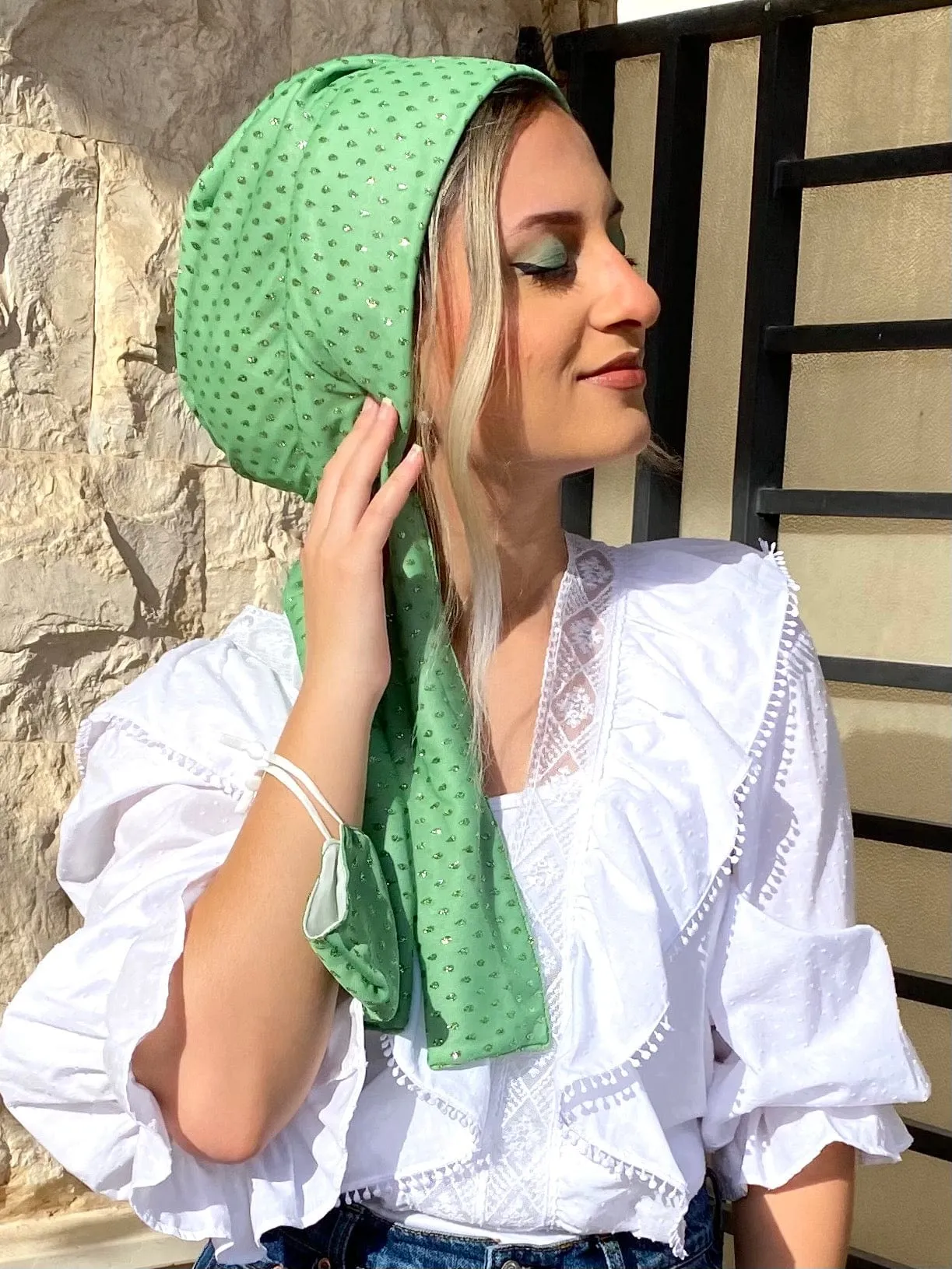 Beanie Wrap Shimmery - Pistach Chiffon (Designer Mask Included)