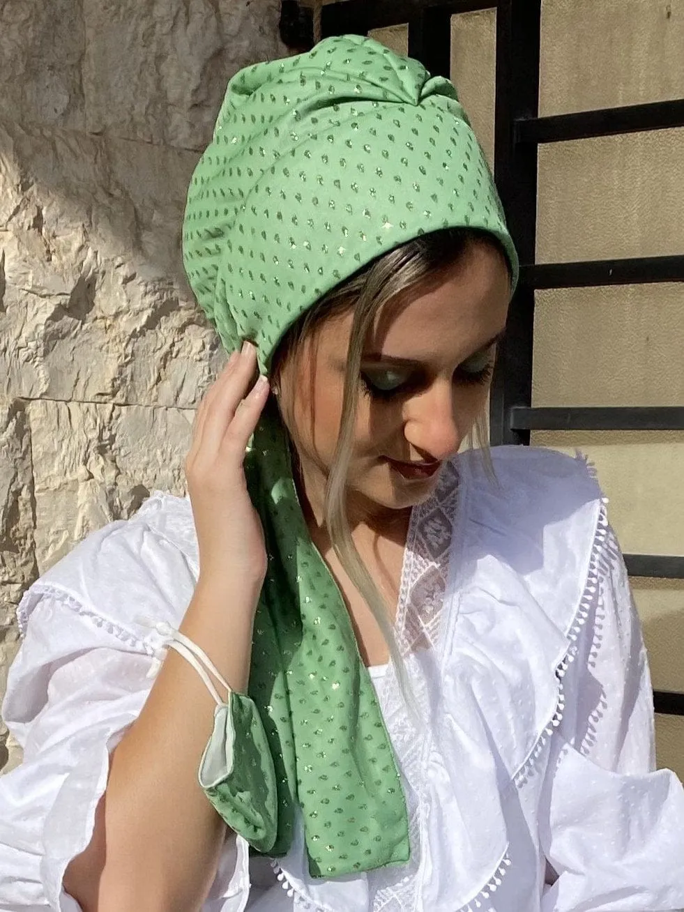 Beanie Wrap Shimmery - Pistach Chiffon (Designer Mask Included)