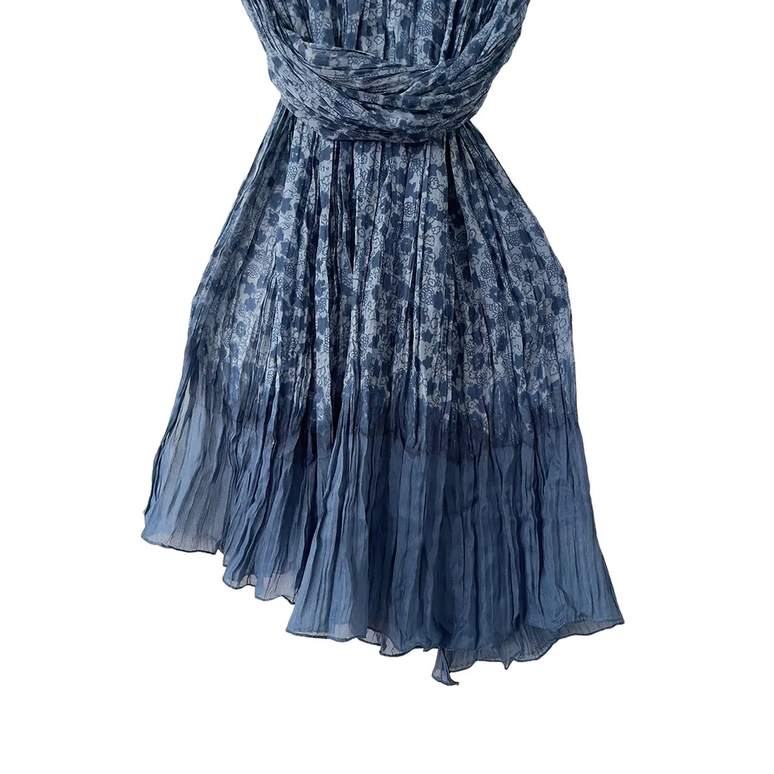Blue Ombre Floral Printed & Pleated Polyester Scarf