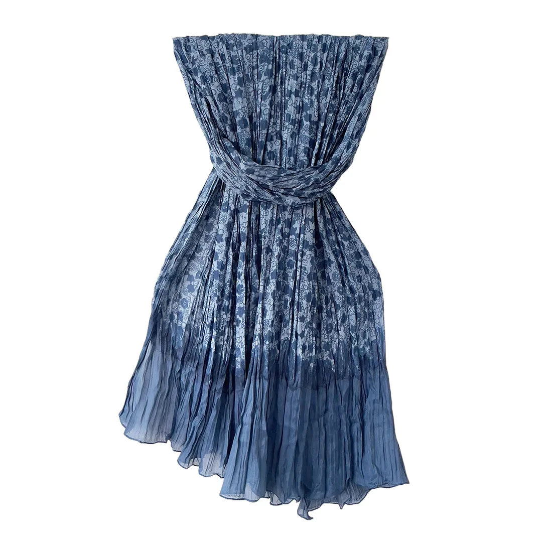 Blue Ombre Floral Printed & Pleated Polyester Scarf