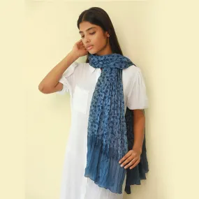 Blue Ombre Floral Printed & Pleated Polyester Scarf