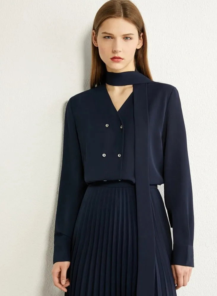 Bow Neck Loose Blouse High Waist Pleated Skirt