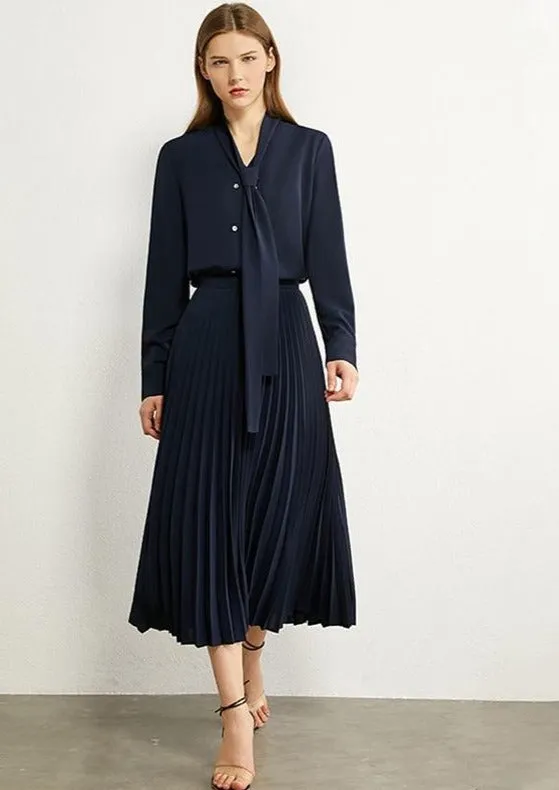Bow Neck Loose Blouse High Waist Pleated Skirt