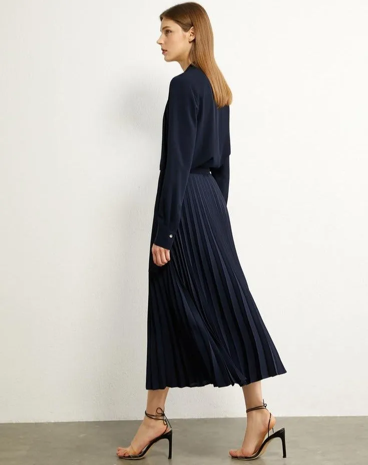 Bow Neck Loose Blouse High Waist Pleated Skirt
