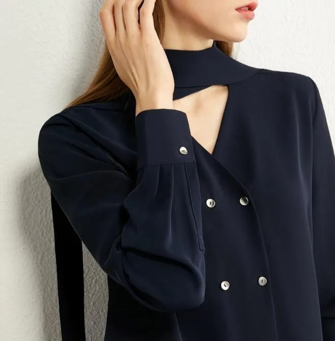 Bow Neck Loose Blouse High Waist Pleated Skirt
