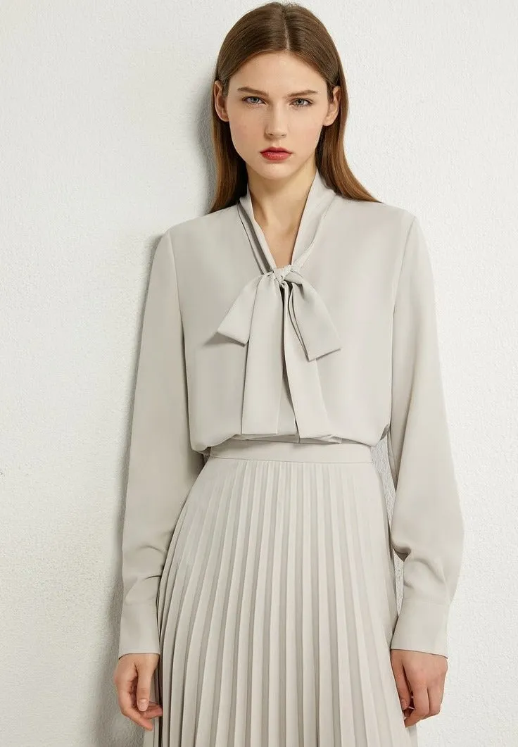Bow Neck Loose Blouse High Waist Pleated Skirt