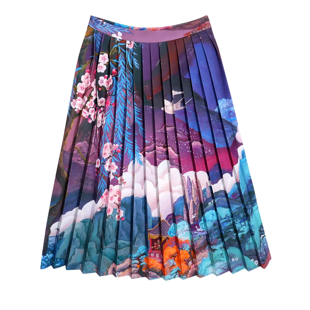 Chinese Style Floral Pleated Skirt