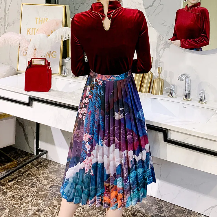 Chinese Style Floral Pleated Skirt