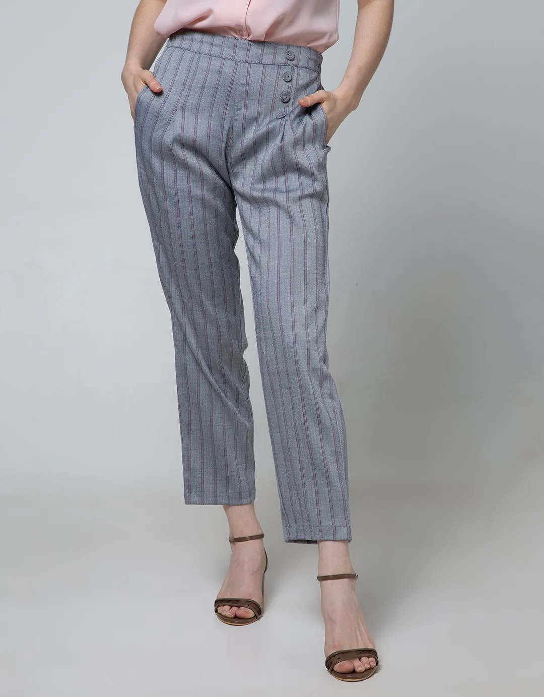 Details Buttom Stripe Long Pants