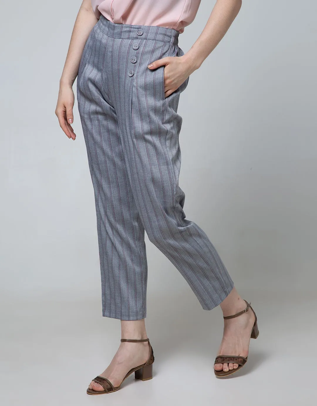 Details Buttom Stripe Long Pants