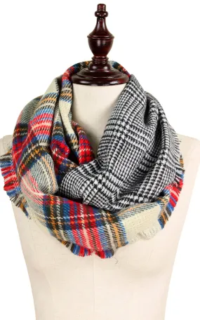 EAS9129 Beige Check Plaid Double Side Infinity Scarf