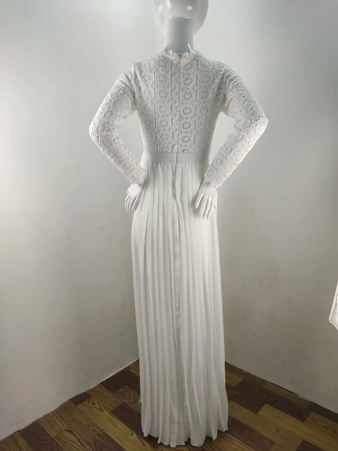 European and American Women's Clothing Lace Stitching South Korea Hemp Pregnant Women Floating Pleated Skirt Long Sleeve Split Photography Jumpsuit Dress 1941