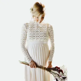 European and American Women's Clothing Lace Stitching South Korea Hemp Pregnant Women Floating Pleated Skirt Long Sleeve Split Photography Jumpsuit Dress 1941