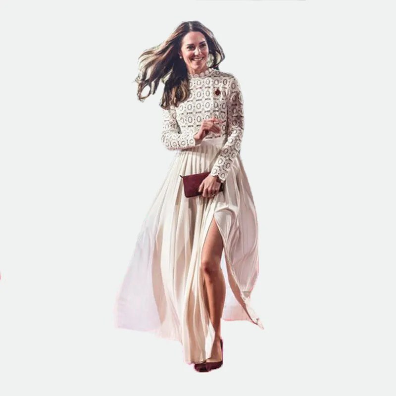 European and American Women's Clothing Lace Stitching South Korea Hemp Pregnant Women Floating Pleated Skirt Long Sleeve Split Photography Jumpsuit Dress 1941