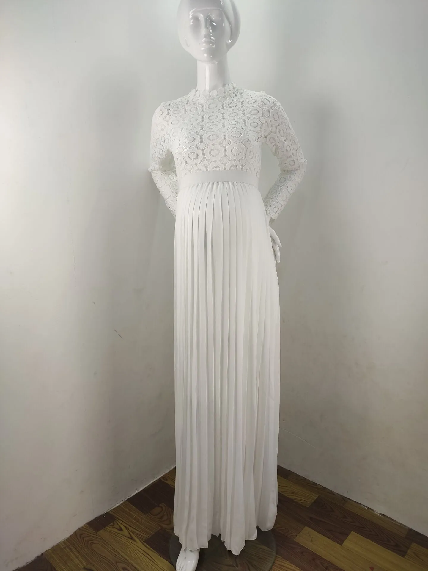 European and American Women's Clothing Lace Stitching South Korea Hemp Pregnant Women Floating Pleated Skirt Long Sleeve Split Photography Jumpsuit Dress 1941