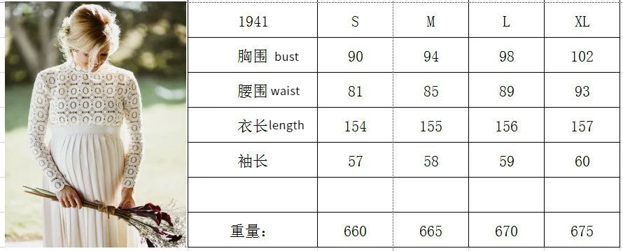 European and American Women's Clothing Lace Stitching South Korea Hemp Pregnant Women Floating Pleated Skirt Long Sleeve Split Photography Jumpsuit Dress 1941