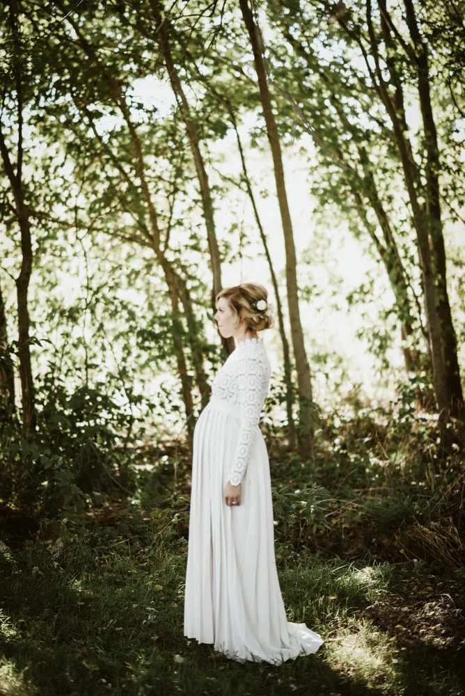 European and American Women's Clothing Lace Stitching South Korea Hemp Pregnant Women Floating Pleated Skirt Long Sleeve Split Photography Jumpsuit Dress 1941