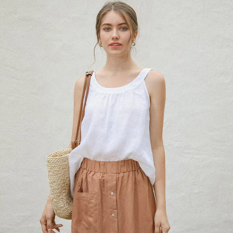 Fashionkova 100% Linen Women's Wide Camisole Top Summer New Female Loose Sleeveless Strapless Undershirt Girl Thin White Tank Tops