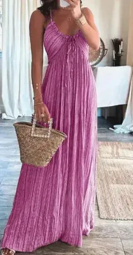 Flytonn-Women's Sexy U-Neck Long Party Dress, Solid Color, High-waisted, Pleated, Summer, Beach, Halter, Lace-up, Hollow, Boho Dress