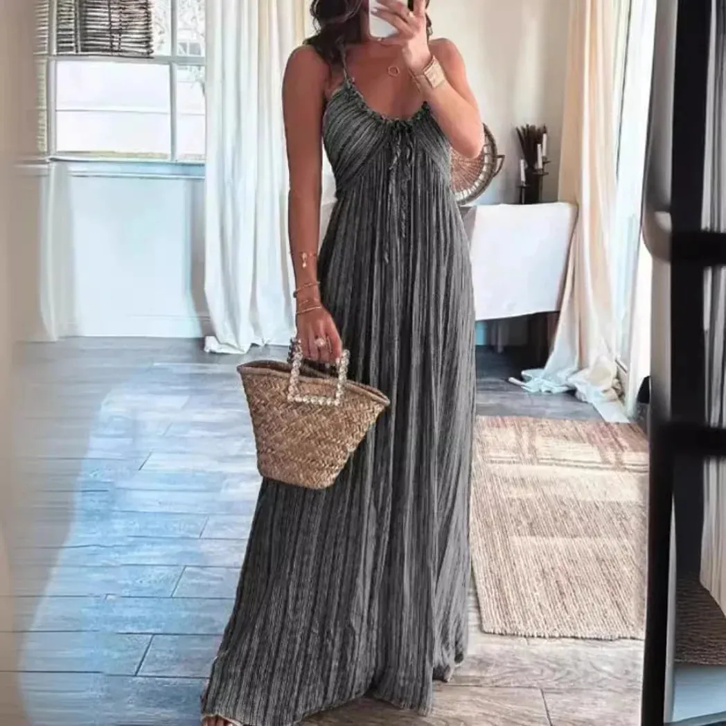 Flytonn-Women's Sexy U-Neck Long Party Dress, Solid Color, High-waisted, Pleated, Summer, Beach, Halter, Lace-up, Hollow, Boho Dress