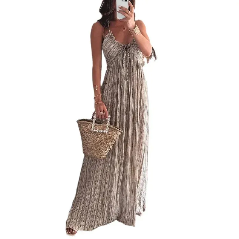 Flytonn-Women's Sexy U-Neck Long Party Dress, Solid Color, High-waisted, Pleated, Summer, Beach, Halter, Lace-up, Hollow, Boho Dress