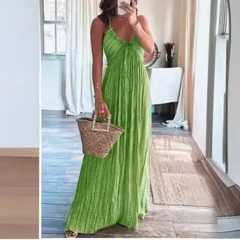 Flytonn-Women's Sexy U-Neck Long Party Dress, Solid Color, High-waisted, Pleated, Summer, Beach, Halter, Lace-up, Hollow, Boho Dress