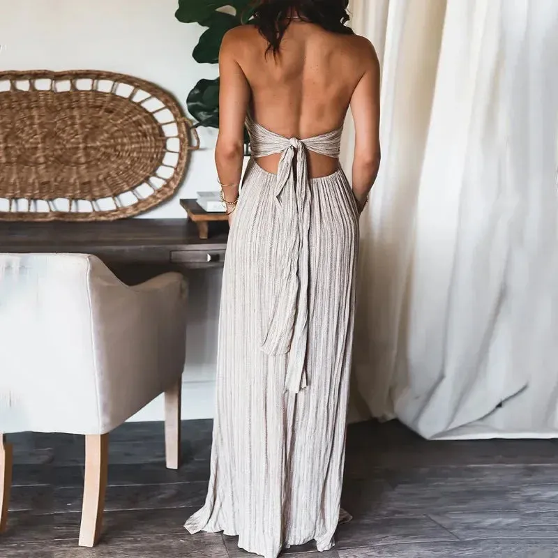 Flytonn-Women's Sexy U-Neck Long Party Dress, Solid Color, High-waisted, Pleated, Summer, Beach, Halter, Lace-up, Hollow, Boho Dress