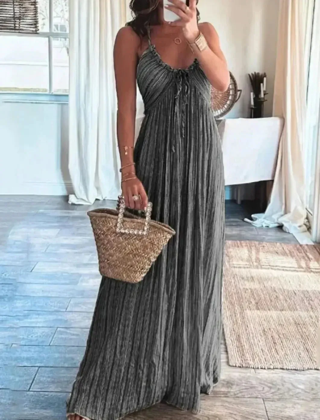 Flytonn-Women's Sexy U-Neck Long Party Dress, Solid Color, High-waisted, Pleated, Summer, Beach, Halter, Lace-up, Hollow, Boho Dress