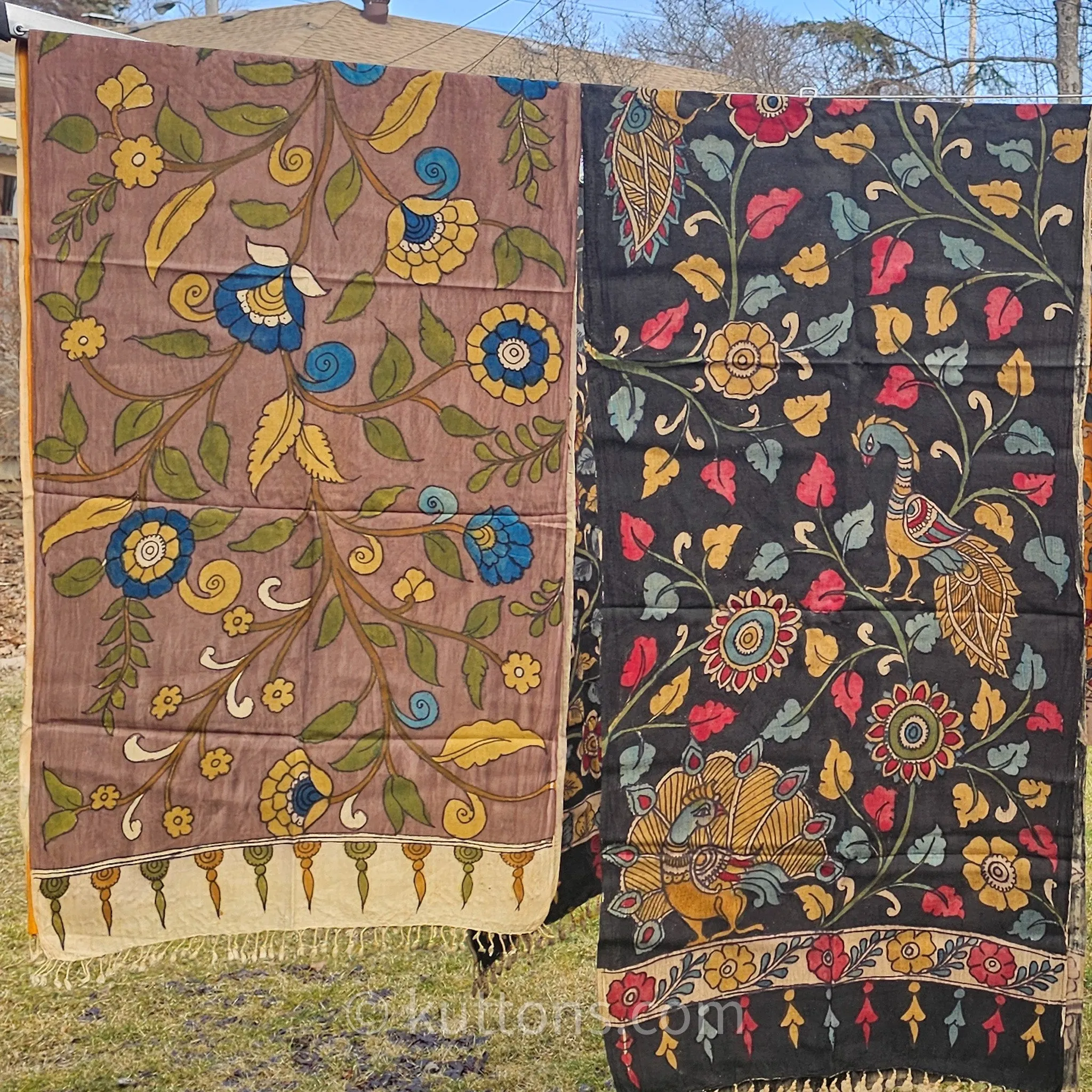 Kalamkari Hand-Painted Cotton Scarf -  Ethnic Wrap, Natural Colours | Brown, 21x75"