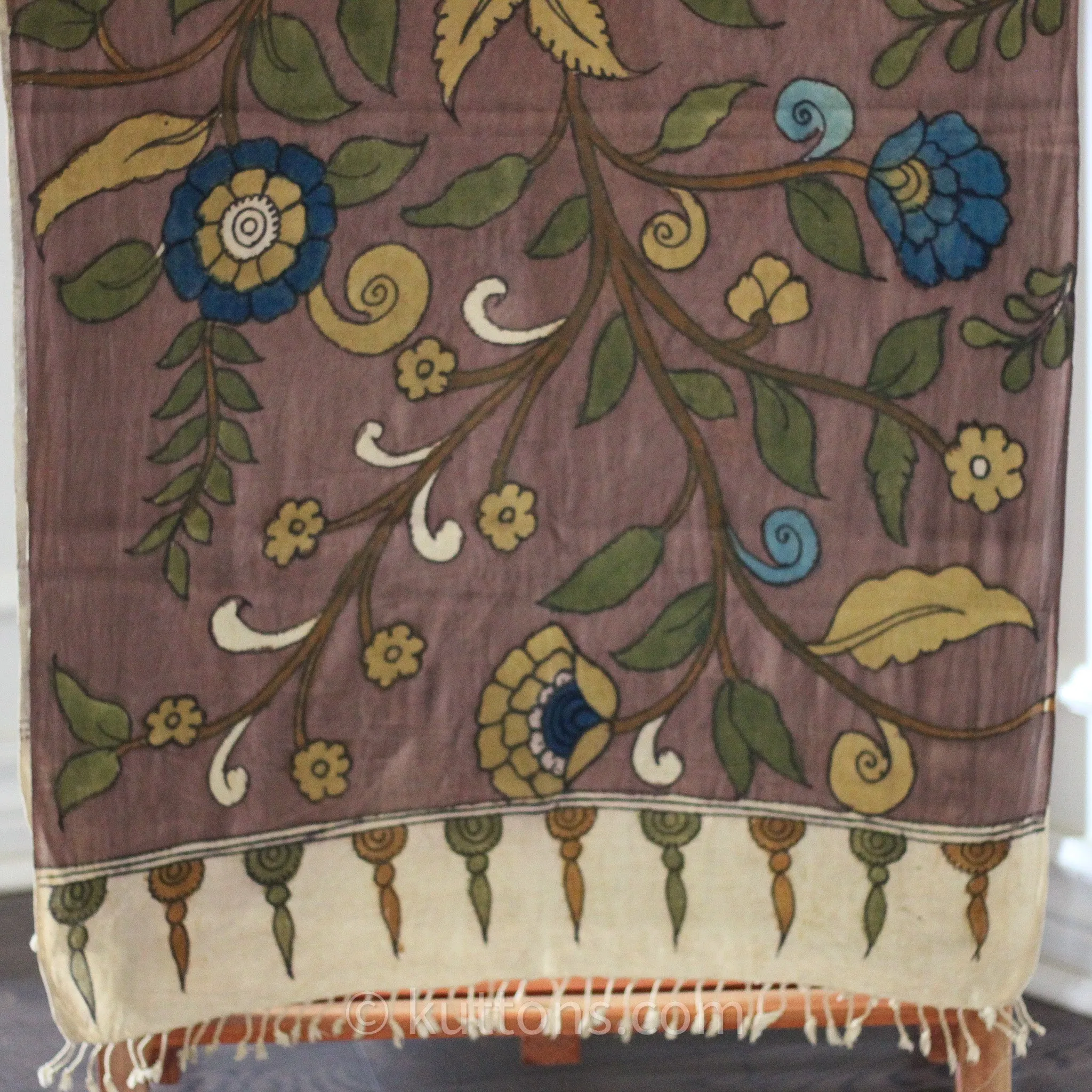 Kalamkari Hand-Painted Cotton Scarf -  Ethnic Wrap, Natural Colours | Brown, 21x75"