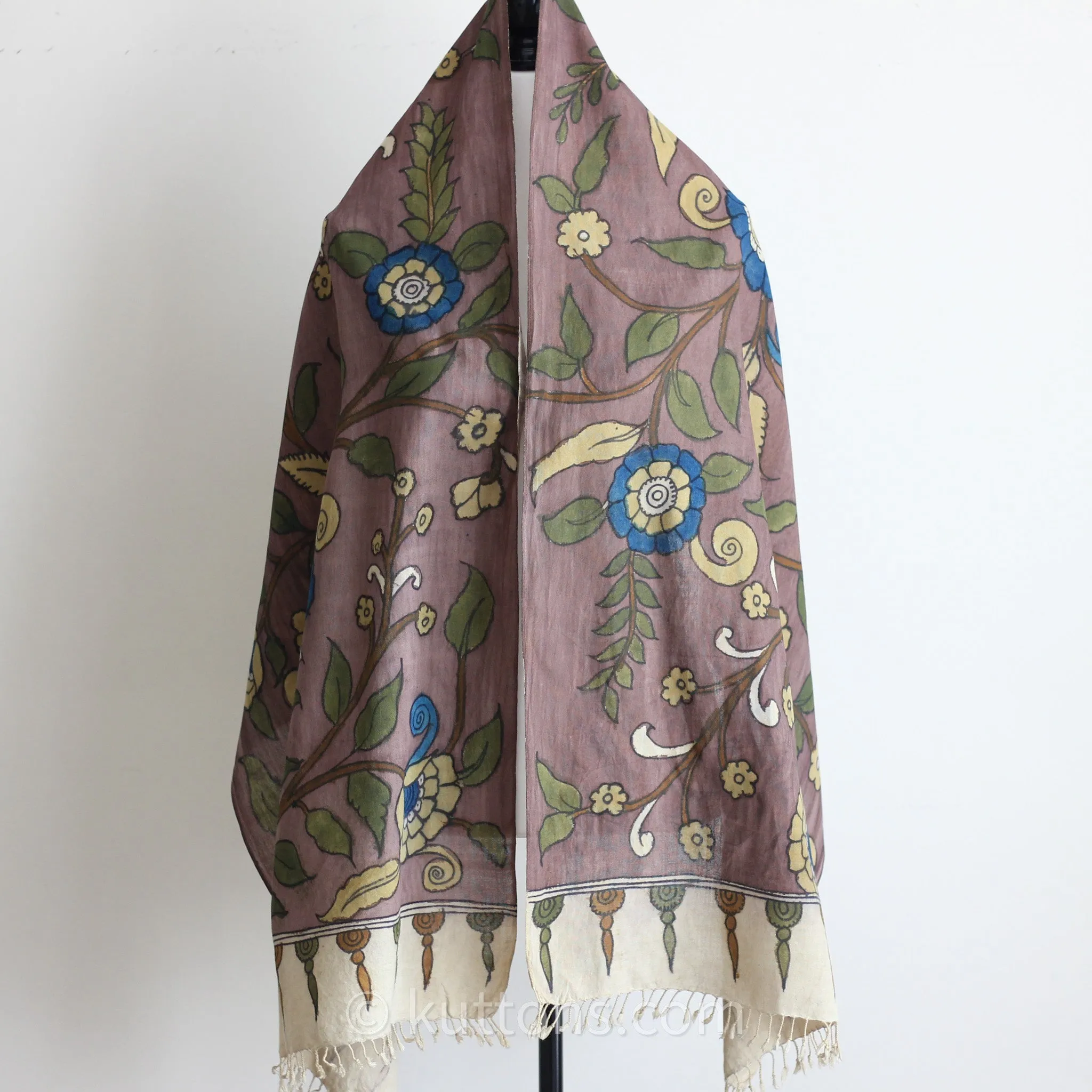 Kalamkari Hand-Painted Cotton Scarf -  Ethnic Wrap, Natural Colours | Brown, 21x75"