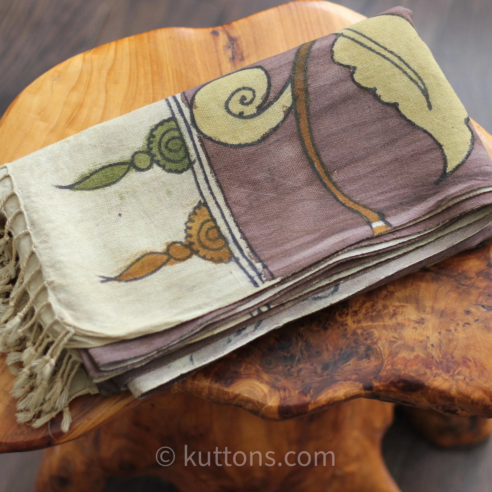 Kalamkari Hand-Painted Cotton Scarf -  Ethnic Wrap, Natural Colours | Brown, 21x75"