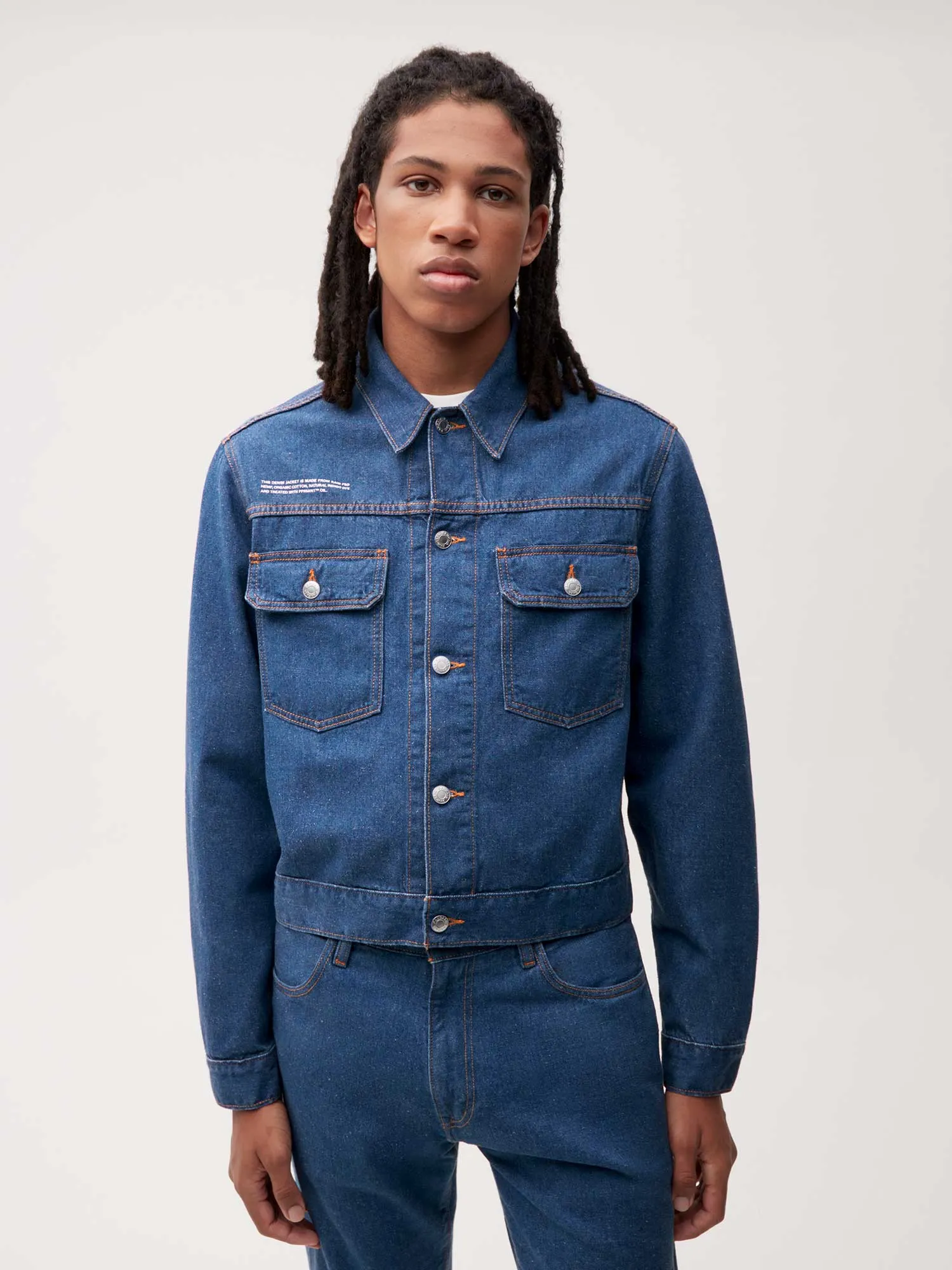 Mens Cropped Hemp Denim Jacket—mid wash