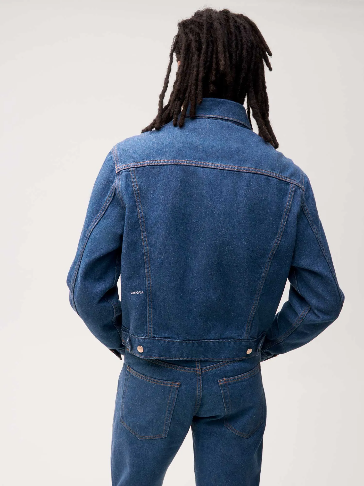 Mens Cropped Hemp Denim Jacket—mid wash