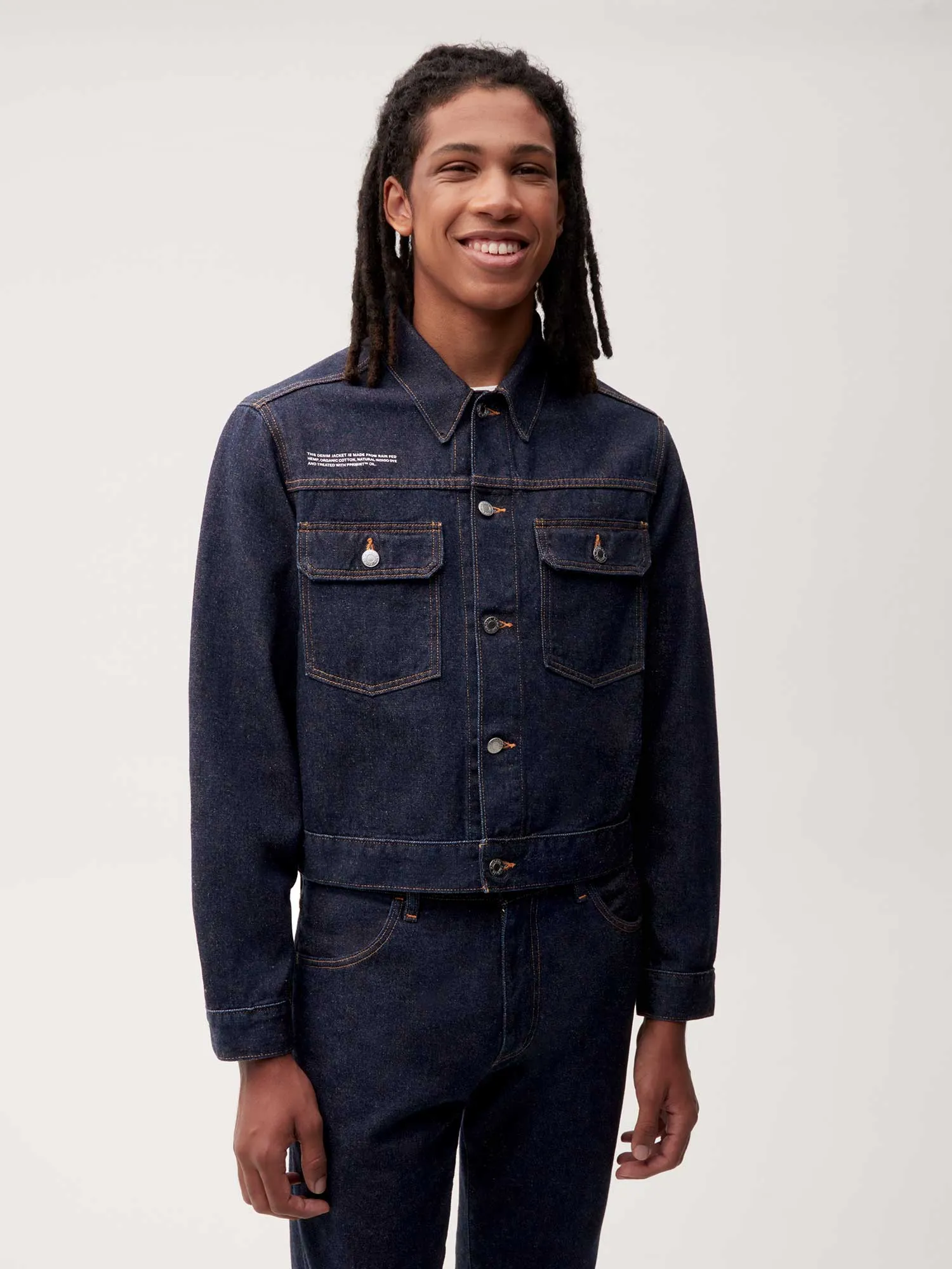 Mens Cropped Hemp Denim Jacket—rinse wash