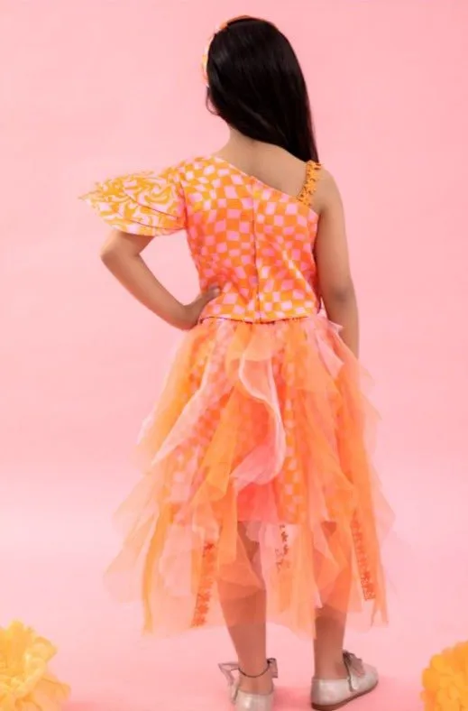 One off Shoulder Crop top with Orange Check Print Skirt
