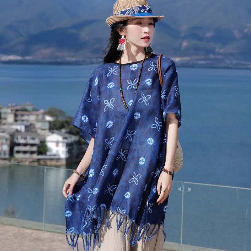 Outwear Cloak Ethnic Style Handmade Tassel Large Shawl Spring/Summer New Tie Dyed Checker Sun Protection Scarf