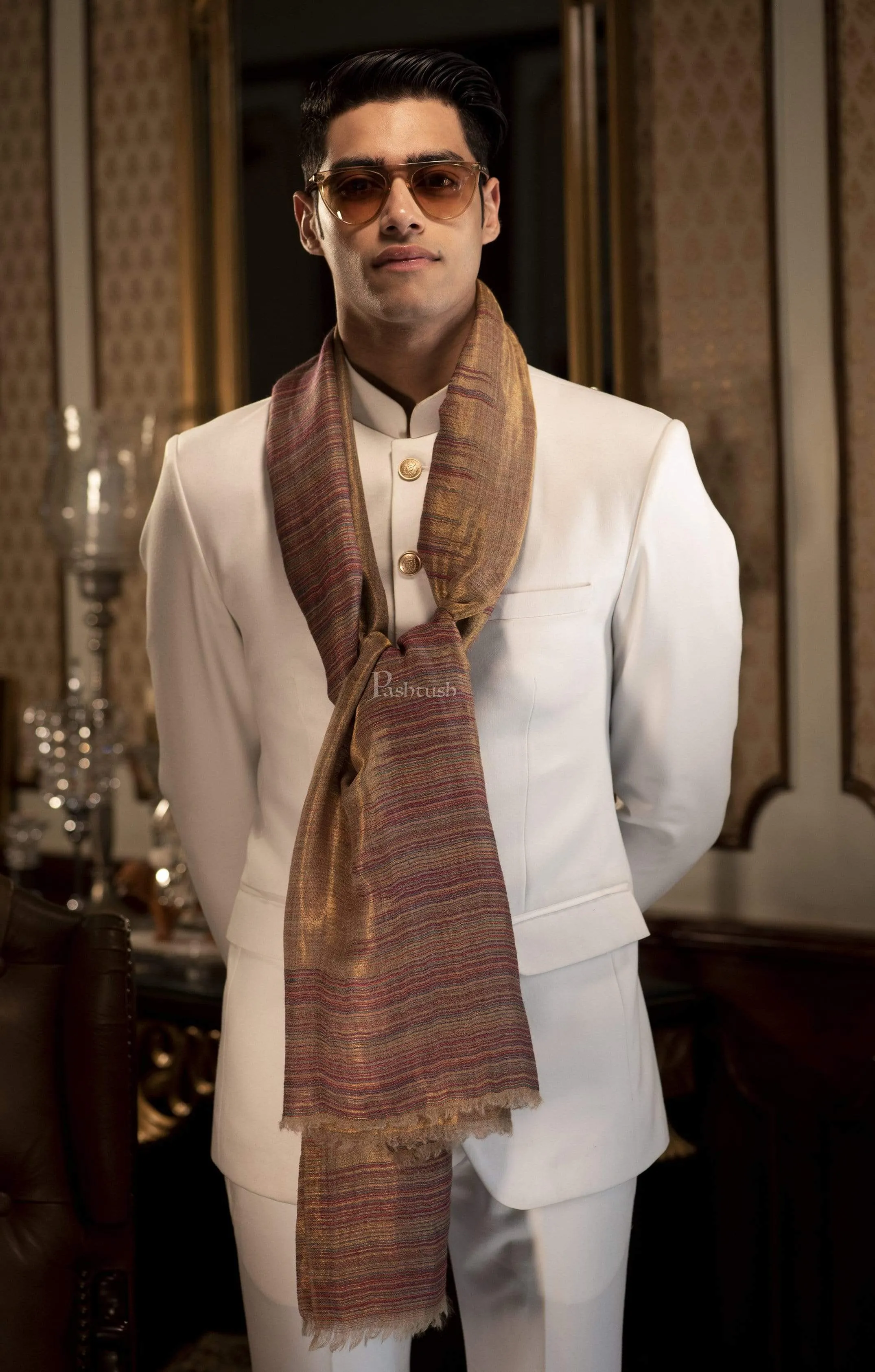 Pashtush Mens Scarf With Shimmery Zari Thread Weave