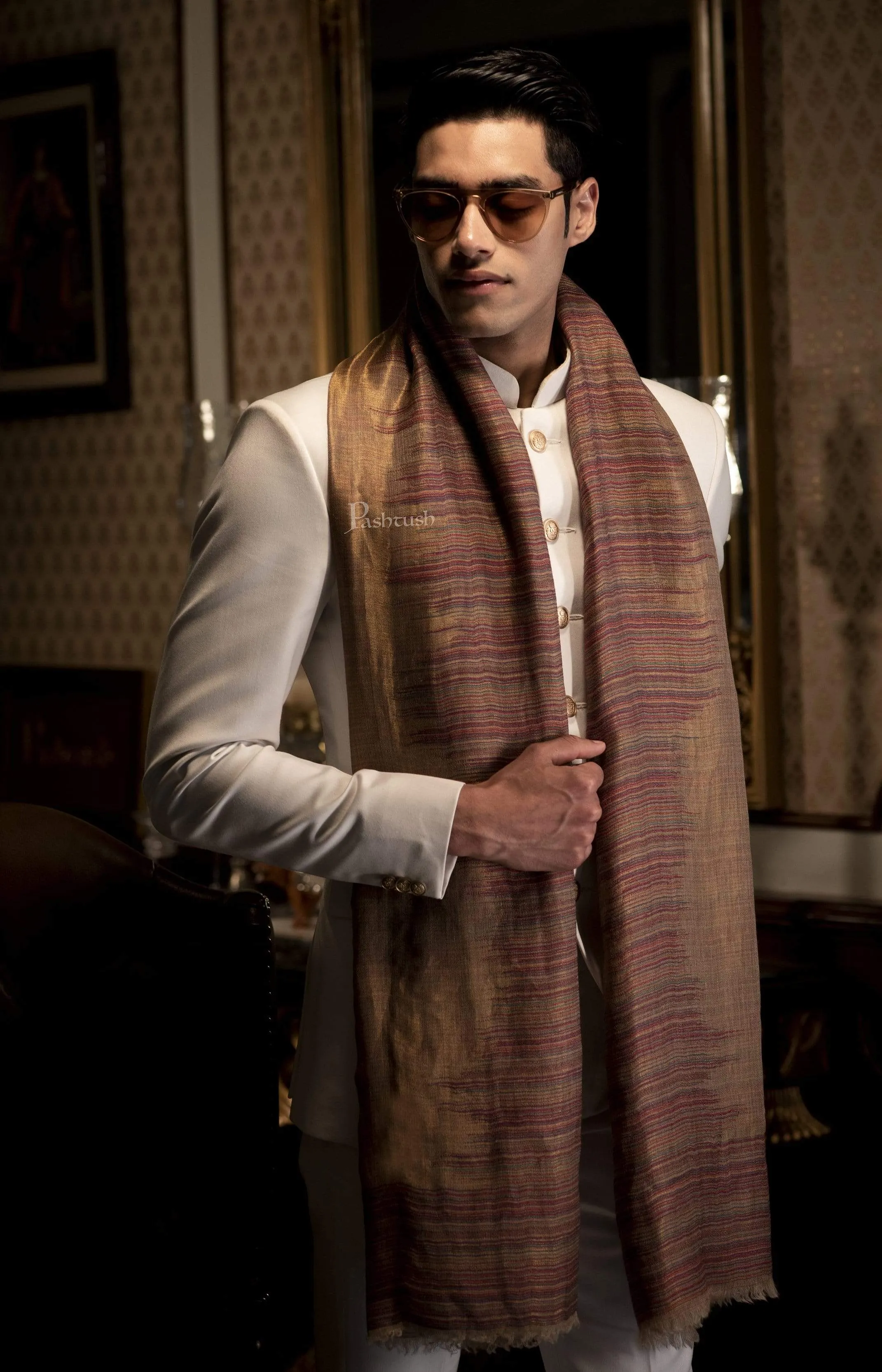 Pashtush Mens Scarf With Shimmery Zari Thread Weave