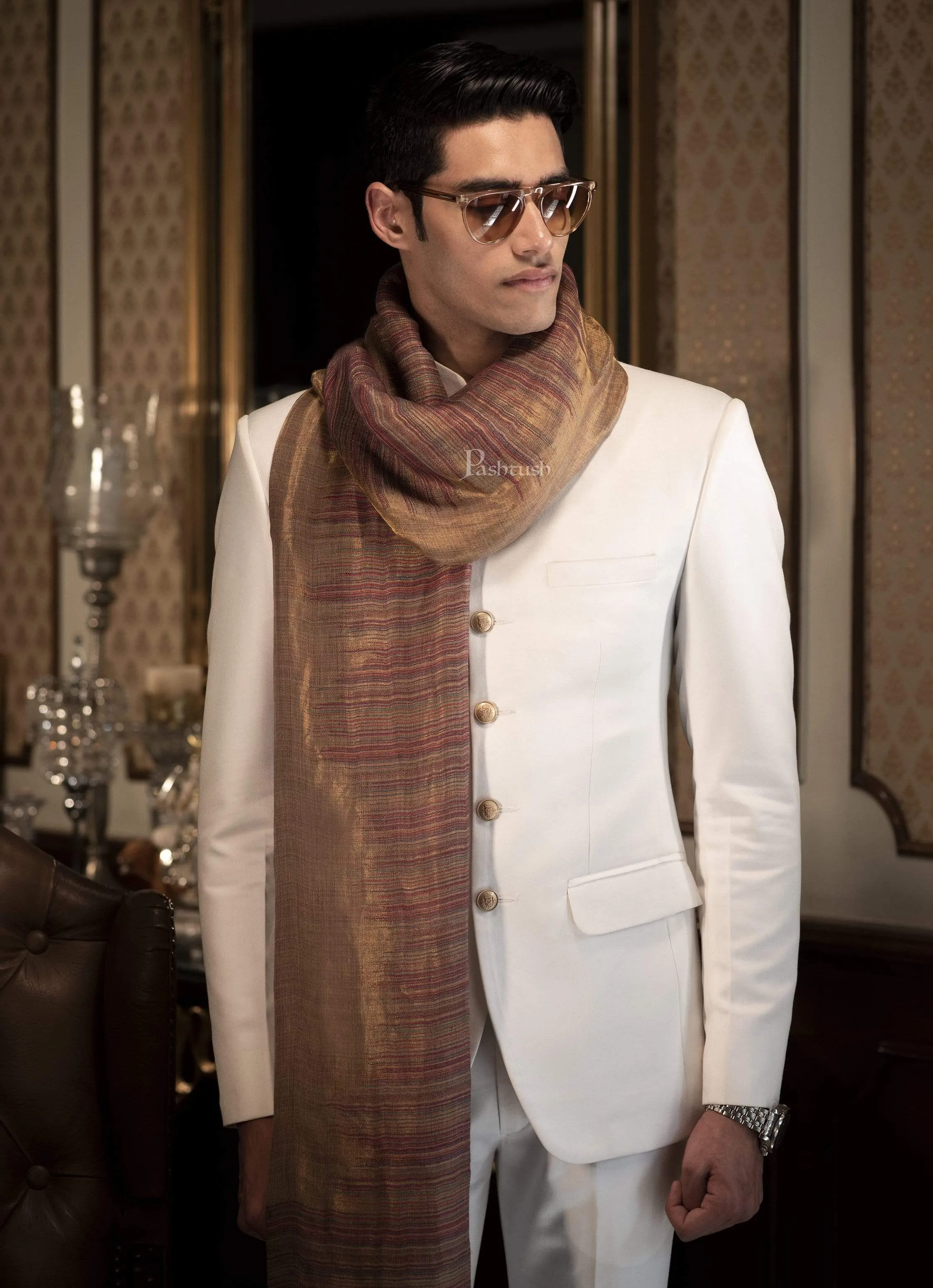 Pashtush Mens Scarf With Shimmery Zari Thread Weave