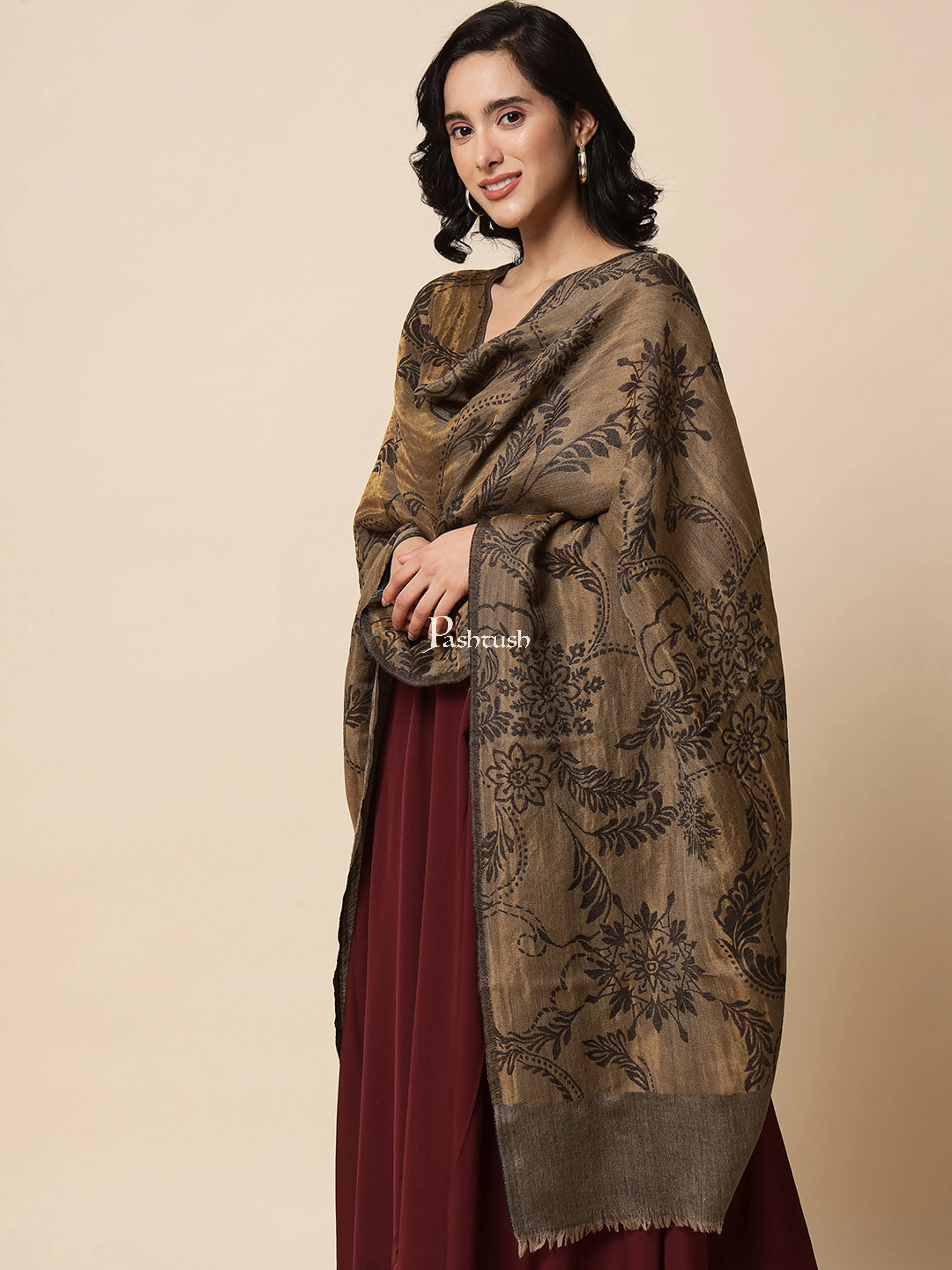 Pashtush Womens, Extra Fine Wool, Twilight Scarf, With Shimmery Metallic Zari Thread Weave Black