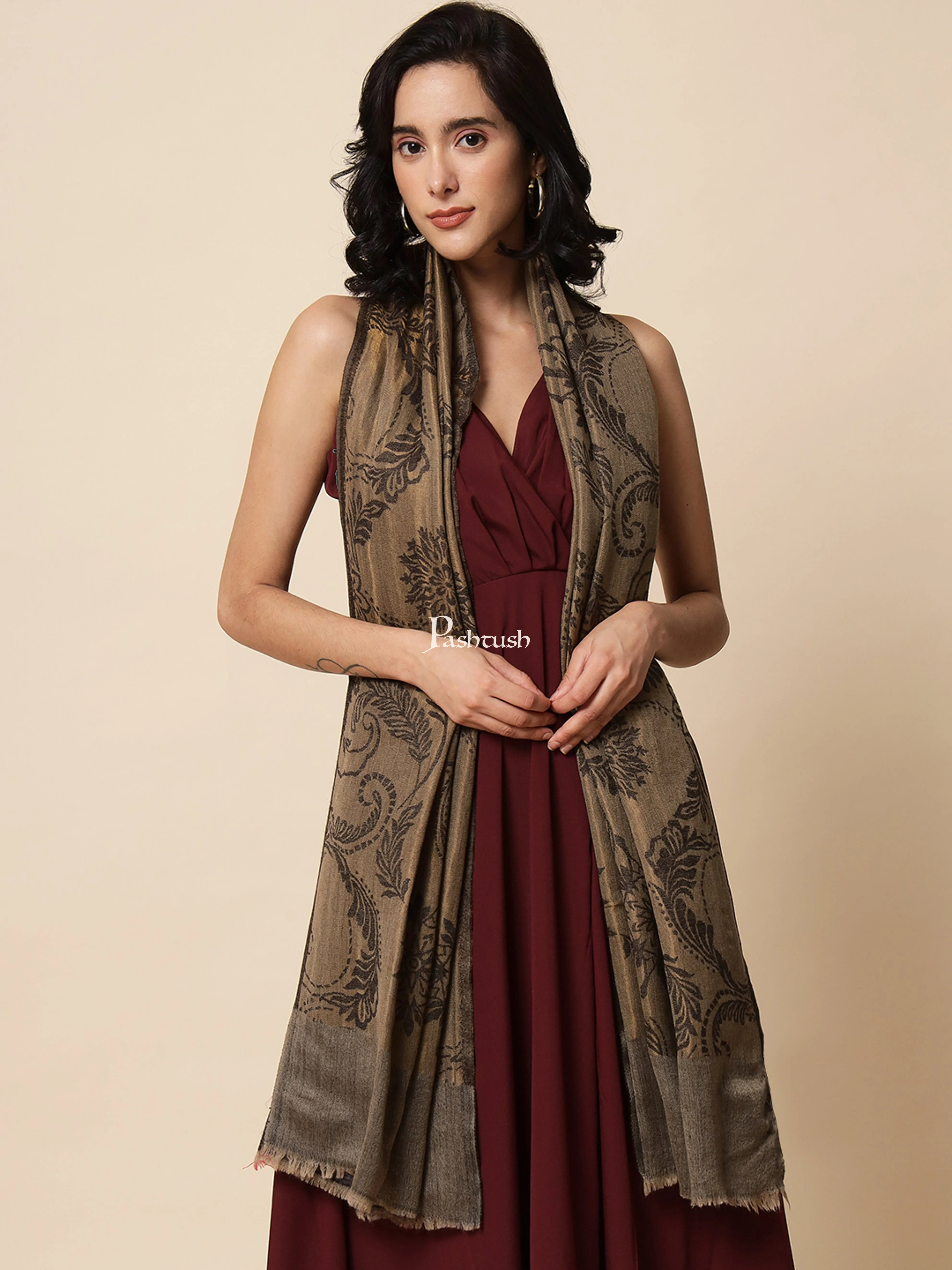 Pashtush Womens, Extra Fine Wool, Twilight Scarf, With Shimmery Metallic Zari Thread Weave Black