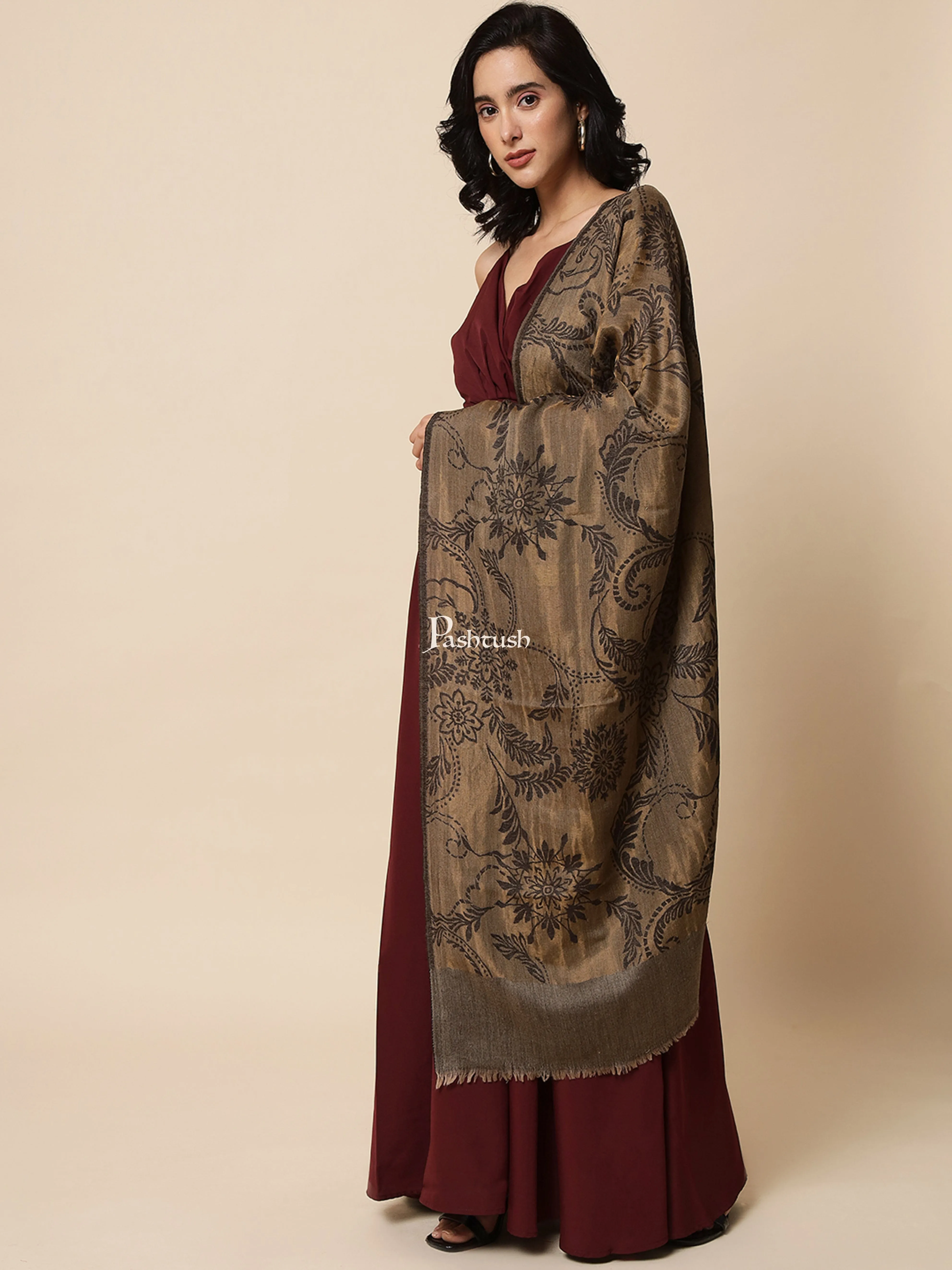 Pashtush Womens, Extra Fine Wool, Twilight Scarf, With Shimmery Metallic Zari Thread Weave Black