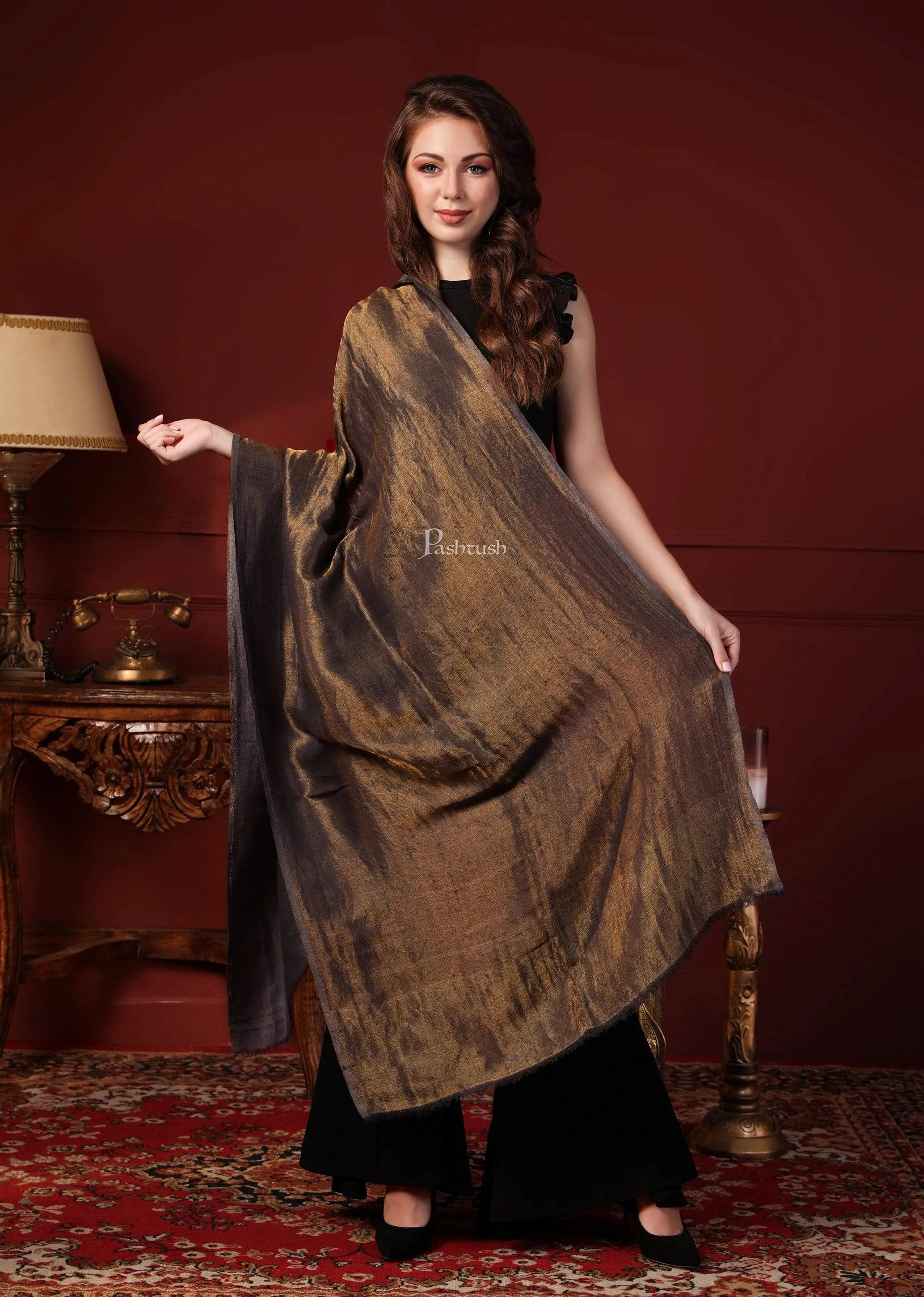 Pashtush Womens, Extra Fine Wool, Twilight Scarf, With Shimmery Zari Thread Weave,Black Gold