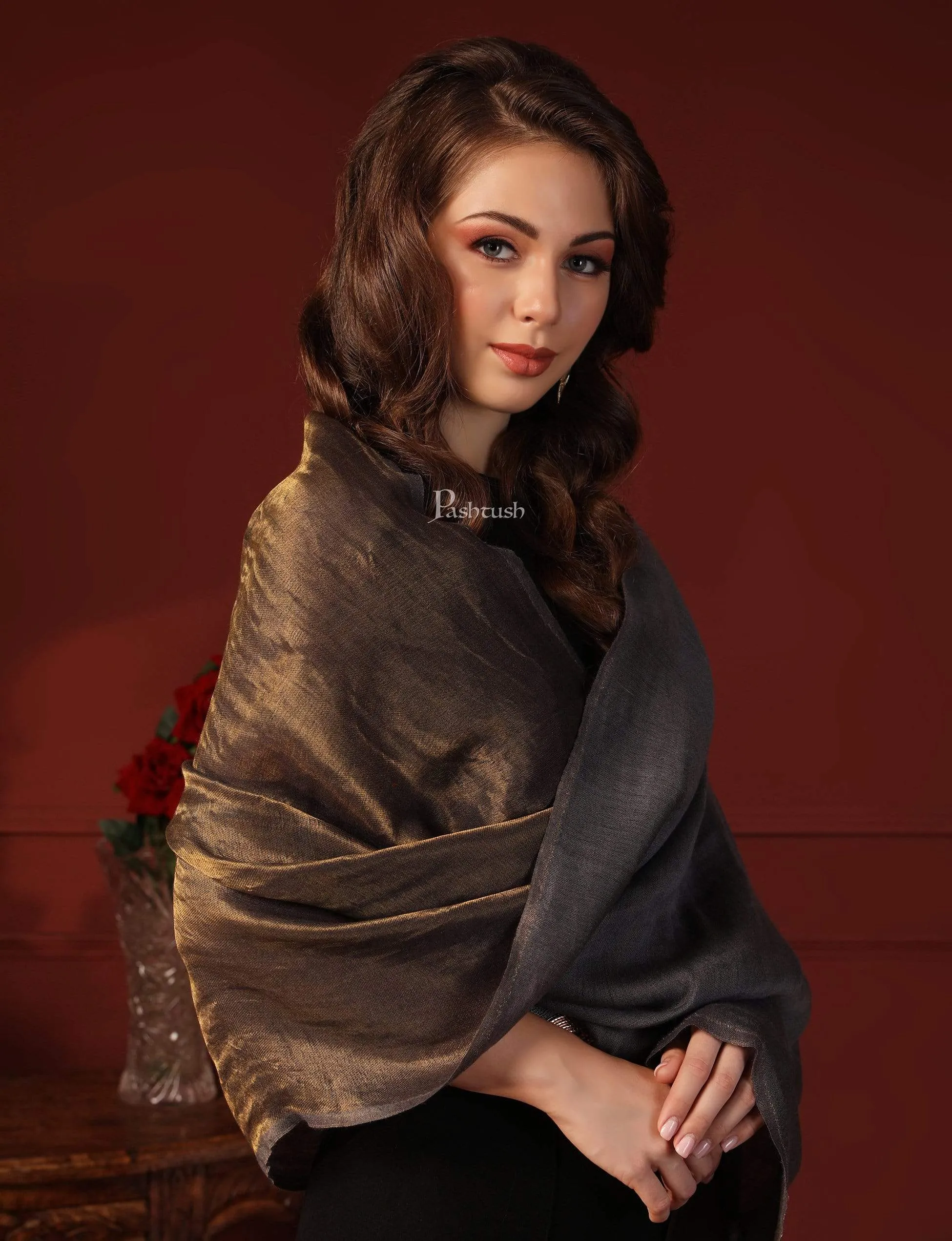 Pashtush Womens, Extra Fine Wool, Twilight Scarf, With Shimmery Zari Thread Weave,Black Gold