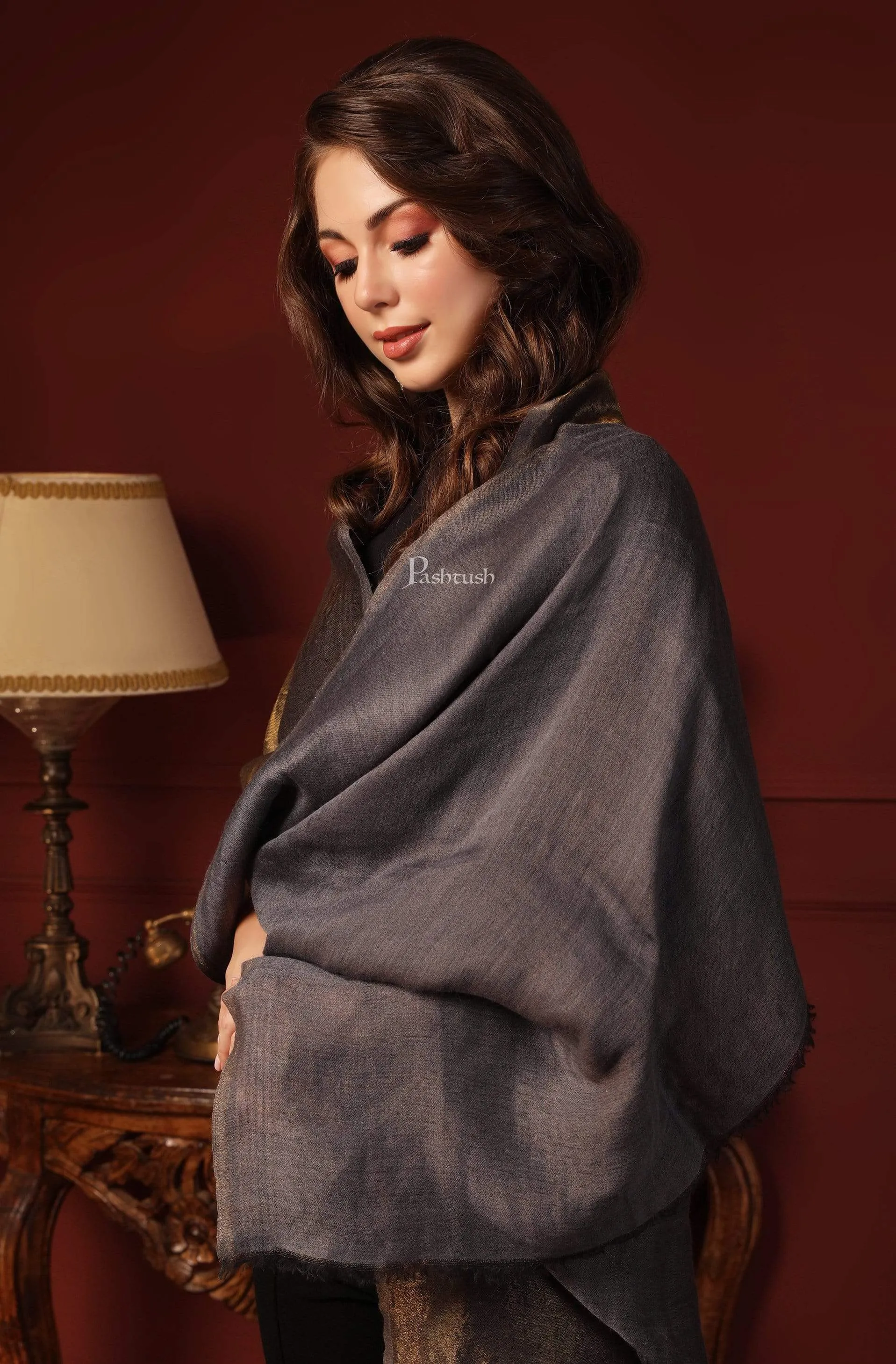 Pashtush Womens, Extra Fine Wool, Twilight Scarf, With Shimmery Zari Thread Weave,Black Gold