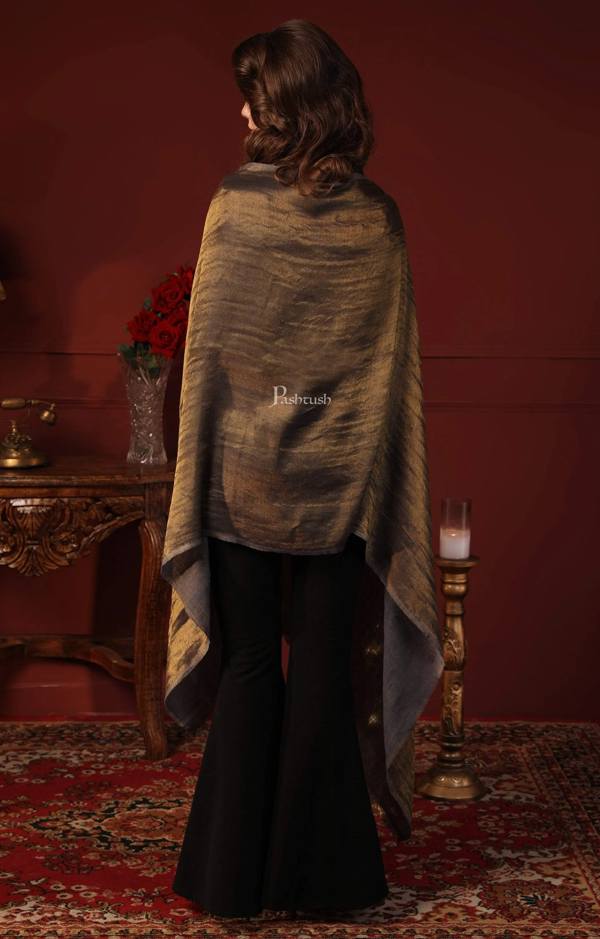 Pashtush Womens, Extra Fine Wool, Twilight Scarf, With Shimmery Zari Thread Weave,Black Gold