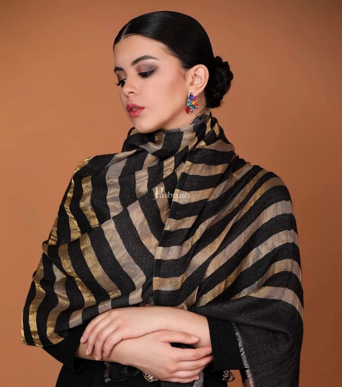 Pashtush Womens, Extra Fine Wool, Twilight Striped Scarf, With Shimmery Metallic Zari Thread Weave Black